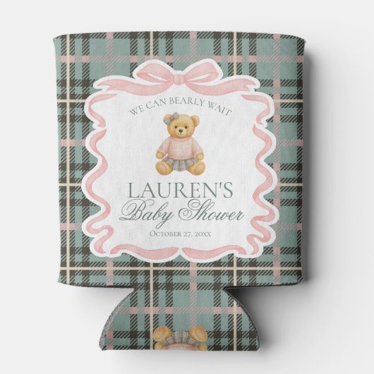 Pink Coquette Bow Bear Tartan Baby Shower Favor Blikjeskoeler (Achterkant)
