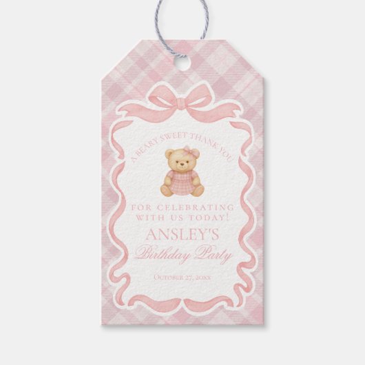 Pink Coquette Bow Bear Tartan Birthday Favors Cadeaulabel (Voorkant)