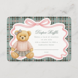Pink Coquette Bow Bear Tartan Diaper Raffle Card Informatiekaartje