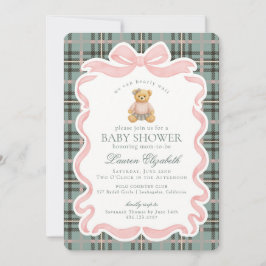 Pink Coquette Bow Bear Tartan Plaid Baby Shower Kaart