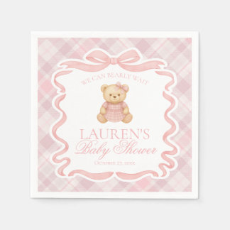 Pink Coquette Bow Bear Tartan Plaid Baby Shower Servet