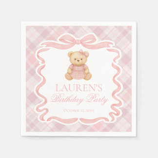 Pink Coquette Bow Bear Tartan Plaid Birthday Servet