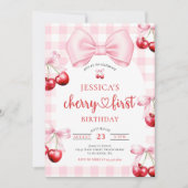 Pink Coquette Bow Cherry First Birthday Party Kaart (Voorkant)