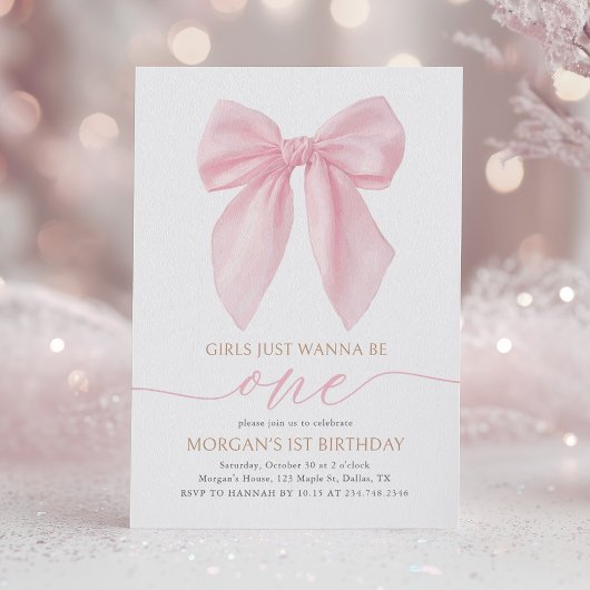 Pink Coquette Bow First Birthday Kaart