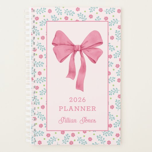 Pink Coquette Bow Floral Pattern Custom Name Planner (Voorkant)