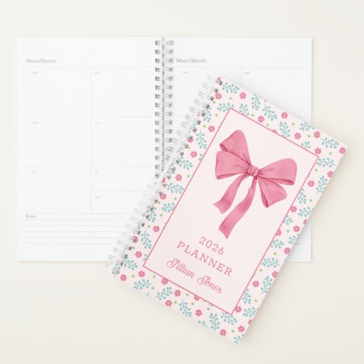 Pink Coquette Bow Floral Pattern Custom Name Planner (Display)
