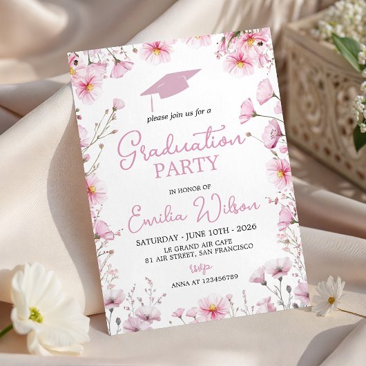 Pink Cosmos & Bee Graduation Invitation