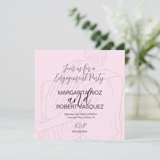 Pink Couple Hugging Script Engagement Party Save The Date (Staand voorkant)