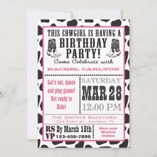 Pink Cow Imprimer Cowgirl Birthday Invitation (Devant)