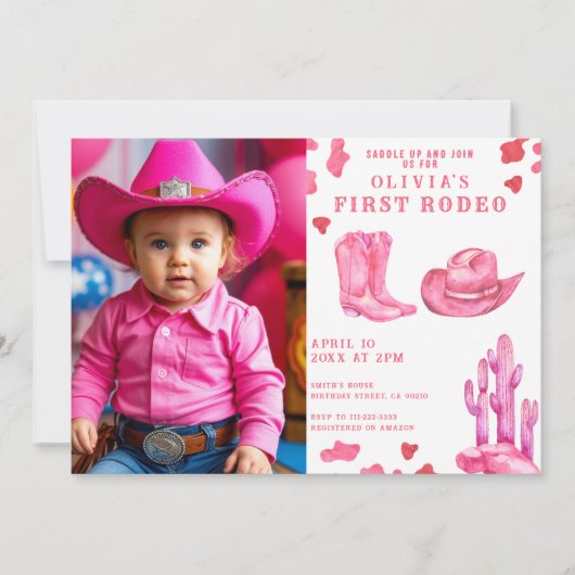 Pink Cowgirl Wild West 1st Rodeo Birthday Party Kaart (Voorkant)