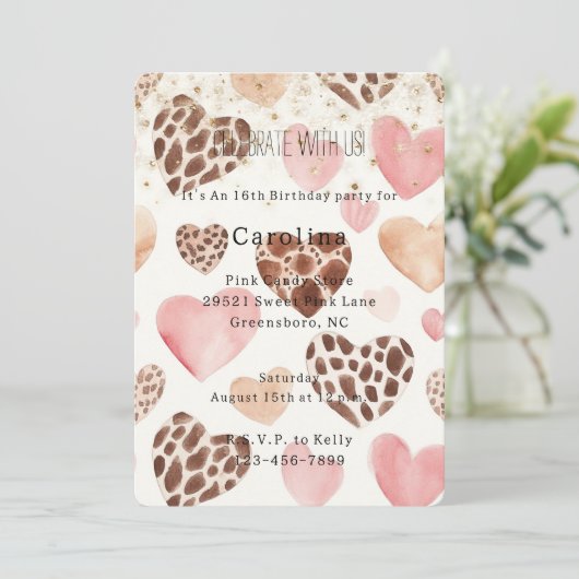 Pink Cream Animal Hearts Gold Sparkle Birthday Kaart (Staand voorkant)
