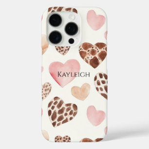 Pink Cream Brown Leopard Hearts iPhone 16 Pro Hoesje