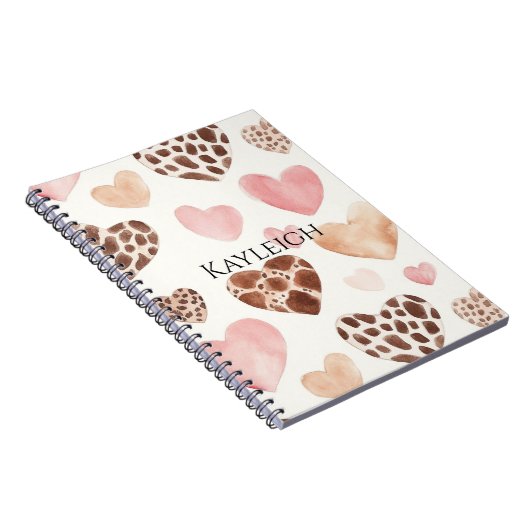 Pink Cream Brown Leopard Hearts Verjaardag Notitieboek (Rechterzijde)