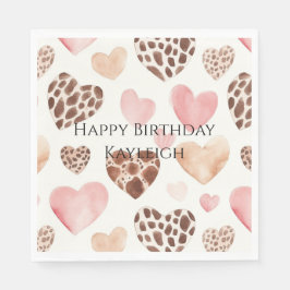 Pink Cream Brown Leopard Hearts Verjaardag Servet