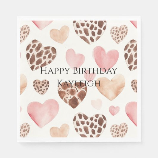 Pink Cream Brown Leopard Hearts Verjaardag Servet (Voorkant)