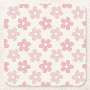 Pink Cream Daisy Flowers Retro Patroon Vierkante Kartonnen Onderzetter