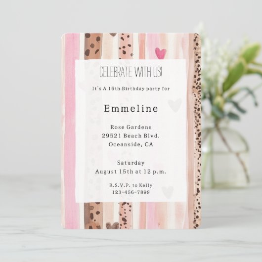 Pink Cream Hearts Leopard Stripes Verjaardag Kaart (Staand voorkant)