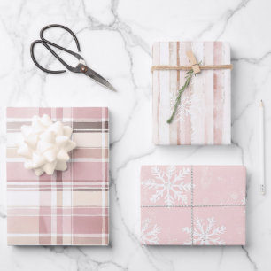 Pink Cream Plaid Stripes Sneeuwvlokken Kerstmis Inpakpapier Vel