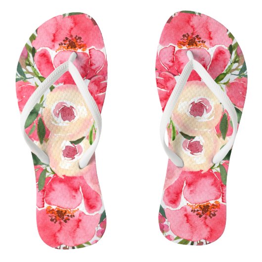 Pink Cream Waterverf Peony Floral Teenslippers (Voetbed)