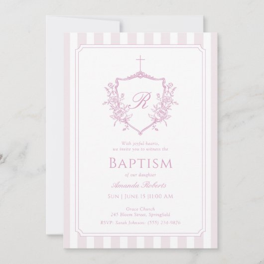 Pink Crest Monogram Doopuitnodiging Kaart (Voorkant)