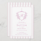 Pink Crest Monogram Doopuitnodiging Kaart (Voorkant / Achterkant)
