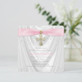 Pink Cross First Communion White Satin Kaart (Staand voorkant)
