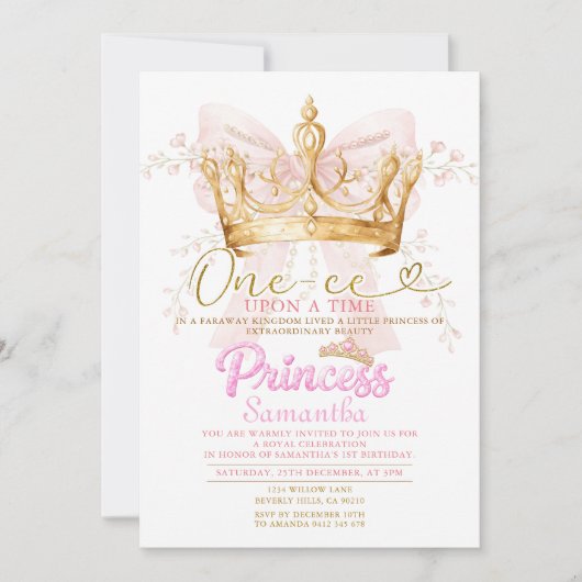 PINK CROWN Princess One-ce Upon a Time Invitation Kaart (Voorkant)