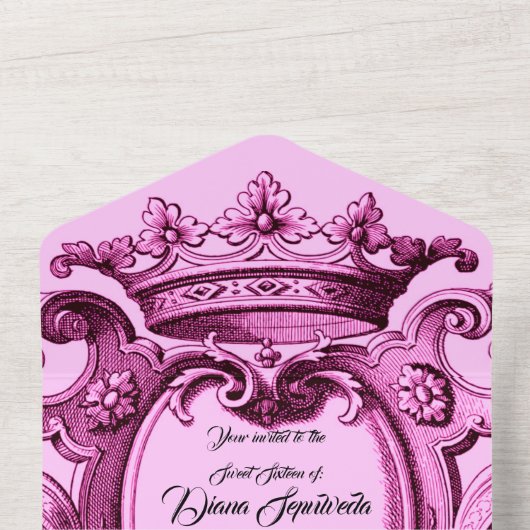 Pink Crown Royal Princess Sweet 16 All In One Uitnodiging (Binnenkant top)