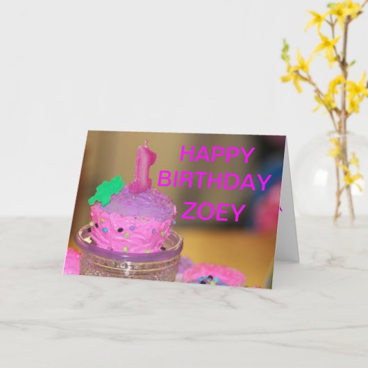 Pink Cup Cake Verjaardag Kaart voor een 1-jarige (Gele Bloem)