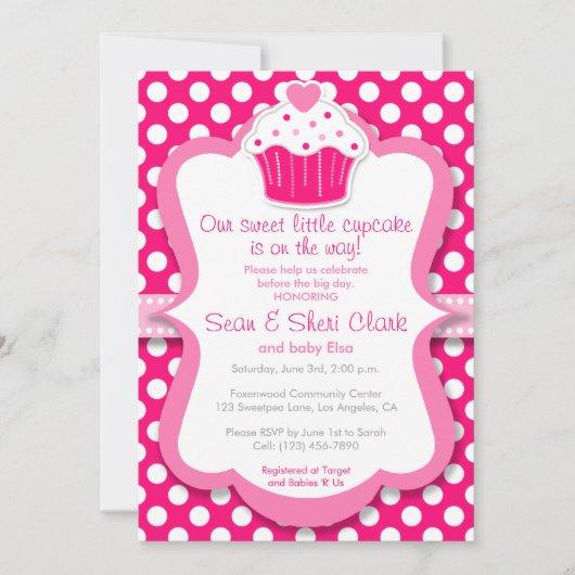 Pink Cupcake Polka Dot Girl Baby shower Invitation (Devant)