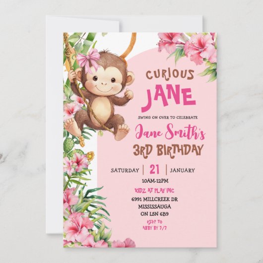 Pink Curious Monkey Safari Theme Birthday Kaart (Voorkant)