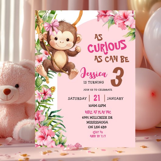 Pink Curious Monkey Savannah Theme Birthday Kaart