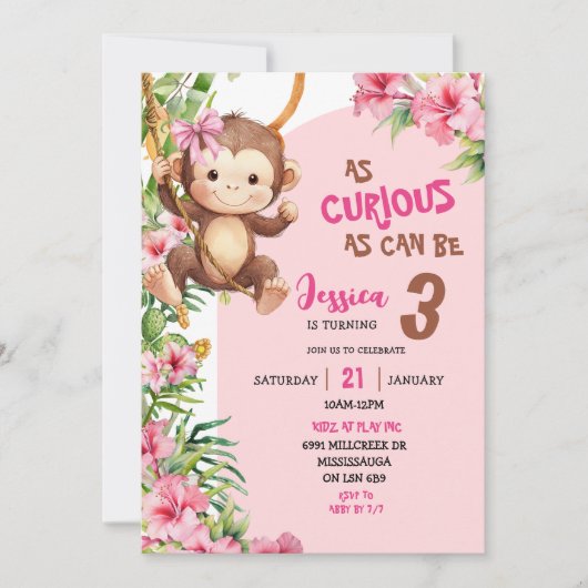 Pink Curious Monkey Savannah Theme Birthday Kaart (Voorkant)
