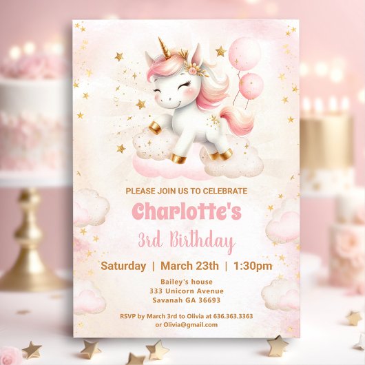 Pink Cute Unicorn Girl Anniversaire Invitation