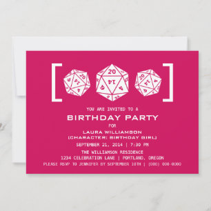 Pink D20 Dice Gamer Birthday Party Invite Kaart