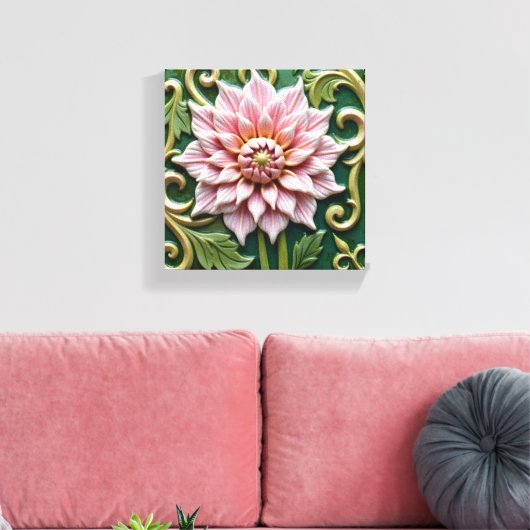 Pink Dahlia on Green Canvas Afdruk (Insitu (Woonkamer))
