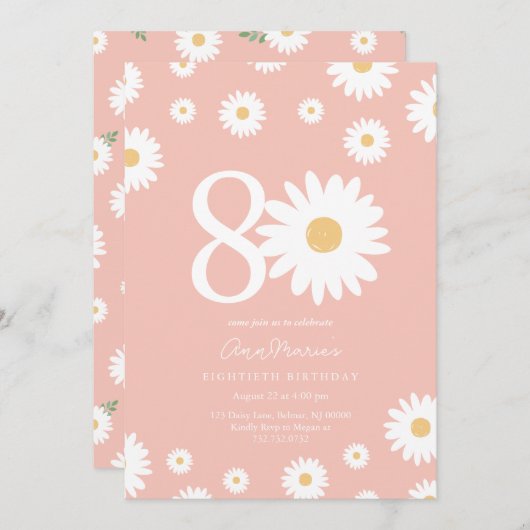 Pink Daisy 80th Birthday Invitation (Devant / Derrière)
