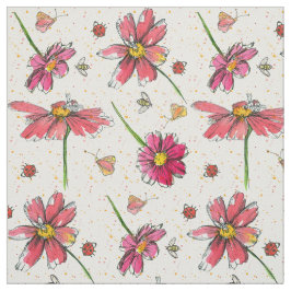 Pink Daisy Bees Ladybugs Stof