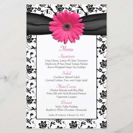 Pink Daisy Black White Floral Mariage Carte Menu (Devant)