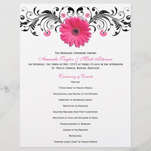 Pink Daisy Black White Floral Wedding Programme (Voorkant)
