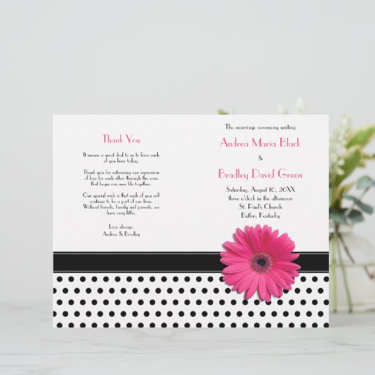 Pink Daisy Black White Polka Programme de mariage (Debout devant)