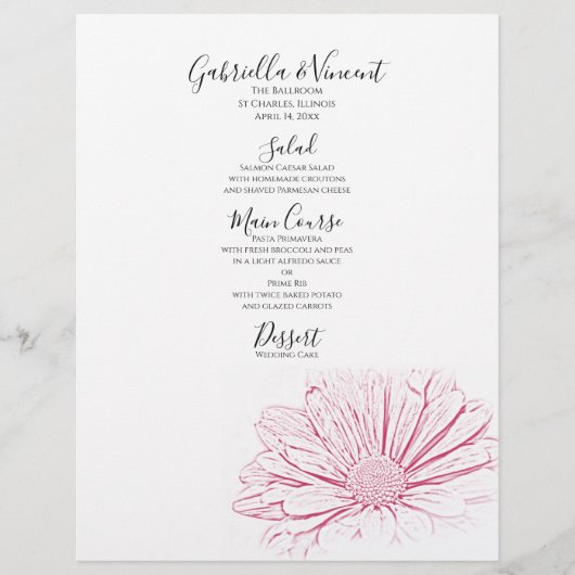 Pink Daisy Effect Floral Wedding Menu (Voorkant)