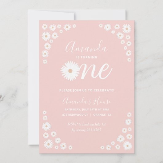 Pink Daisy Floral Boho First Birthday Invitation (Devant)