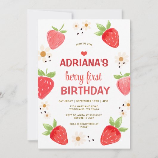 Pink Daisy Floral Gingham Berry First Birthday Kaart (Voorkant)
