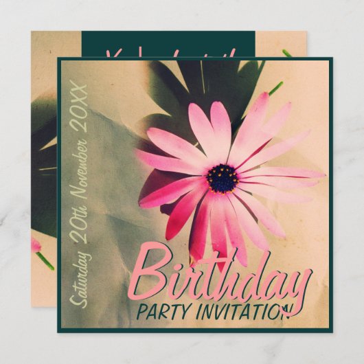Pink Daisy Flower v2 Invitations d'anniversaire (Devant / Derrière)
