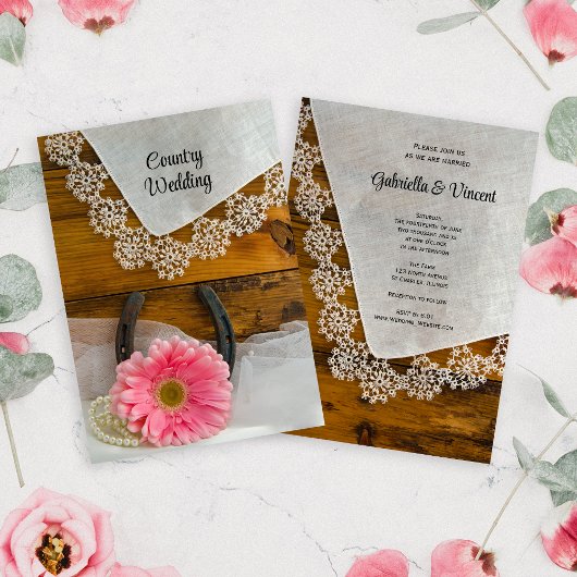 Pink Daisy Lace Country Western Wedding Invitation