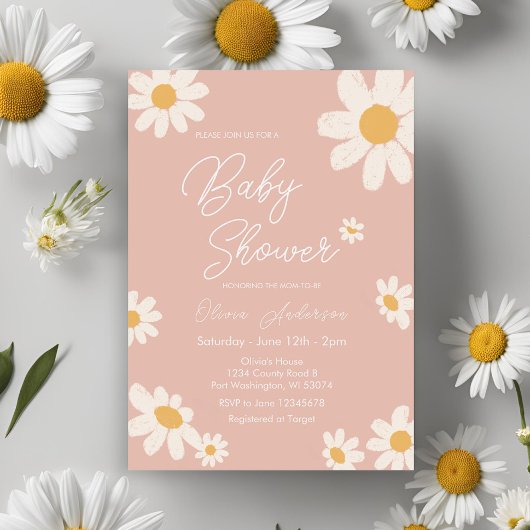 Pink Daisy Retro Boho Baby shower Kaart