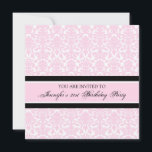 Pink Damask 21st Birthday Party Invitations<br><div class="desc">Personnalisé 21e anniversaire invitations de fête dans élégant rose clair clair,  noir et blanc classique motif damassé floral classique. Ajoutez votre nom et les détails de votre fête pour une invitation unique et élégante à la fête du 21e anniversaire.</div>
