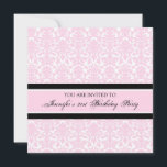 Pink Damask 21st Birthday Party Invitations<br><div class="desc">Personnalisé 21e anniversaire invitations de fête dans élégant rose clair clair,  noir et blanc classique motif damassé floral classique. Ajoutez votre nom et les détails de votre fête pour une invitation unique et élégante à la fête du 21e anniversaire.</div>