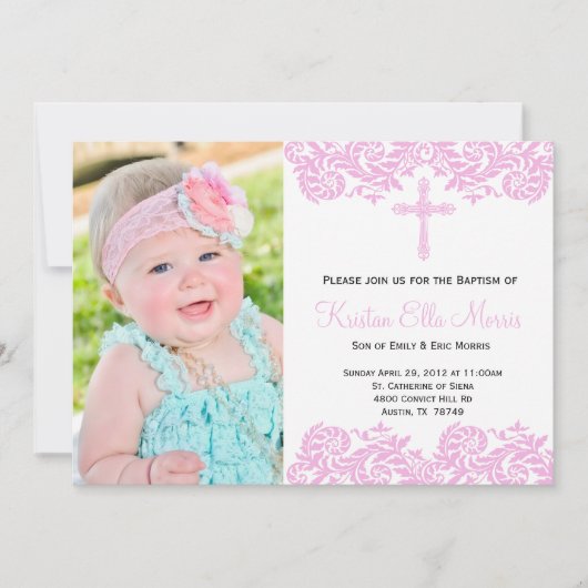 Pink Damask Christening Baptism Invitation (Devant)